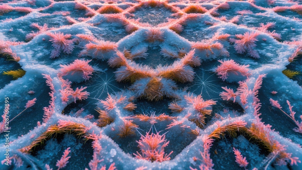 Aufkleber kaleidoscopic frozen grass with intricate patterns in vibrant colors on a winter landscape creating 