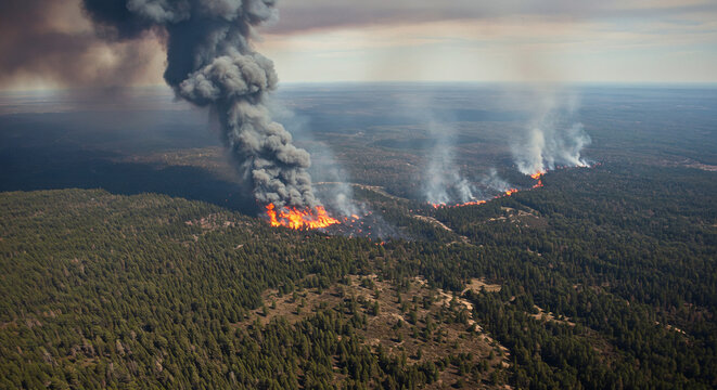 Incendio forestal visto desde un dron: un extenso bosque donde el fuego se propaga entre los &aacute;rboles.
