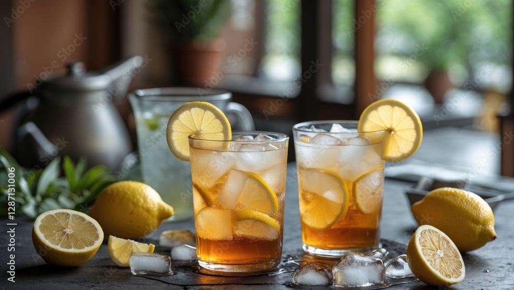 Poster Refreshing Iced Lemon Tea with Slices on Table Surrounded by Fresh Lemons and Ice in Cozy Atmosphere with Empty Space for Text