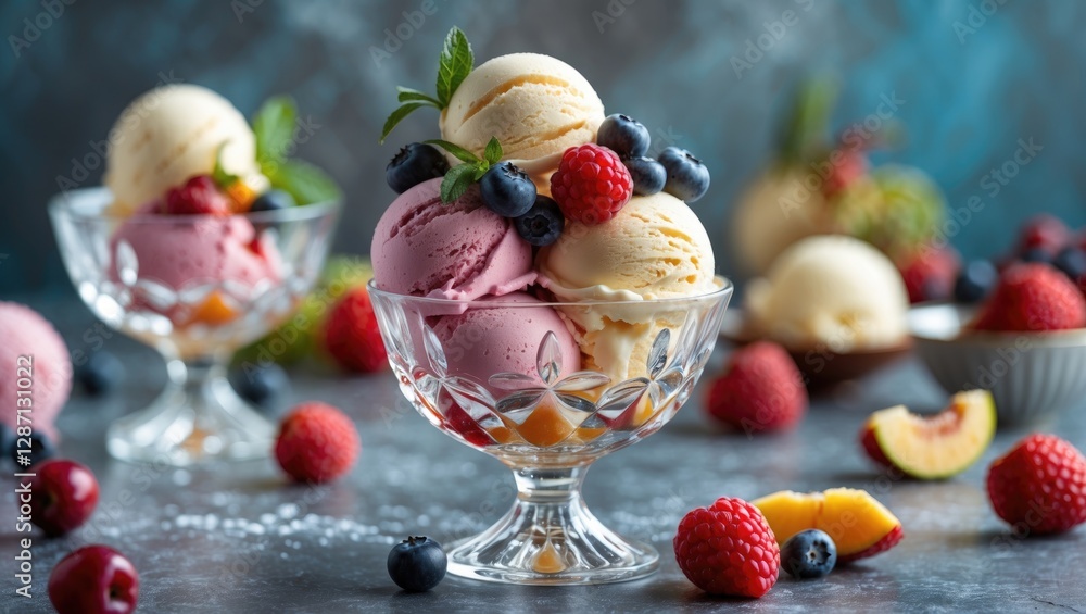 Aufkleber Delicious Ice Cream Scoops Topped With Fresh Berries In Elegant Crystal Bowls On A Rustic Background With Space For Your Text
