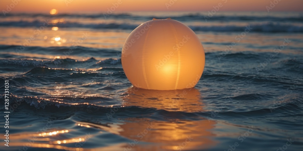 Aufkleber Glowing inflatable ball floating on ocean water at sunset with tranquil atmosphere and space for text or design elements