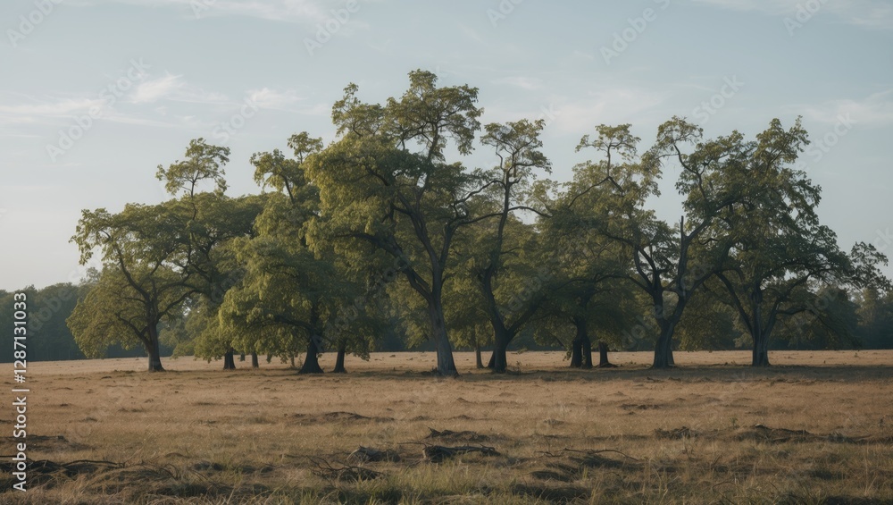 Aufkleber Serene Meadow With Clustered Trees Under Clear Sky and Ample Copy Space For Promotional Text or Nature Inspired Designs