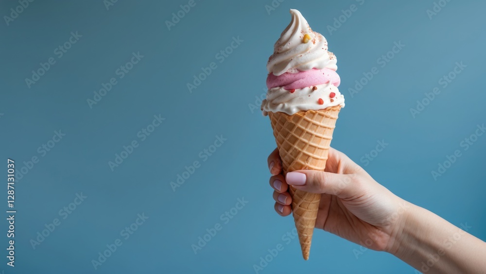 Poster colorful ice cream cone held by hand against a blue background with space for text ideal for summer 