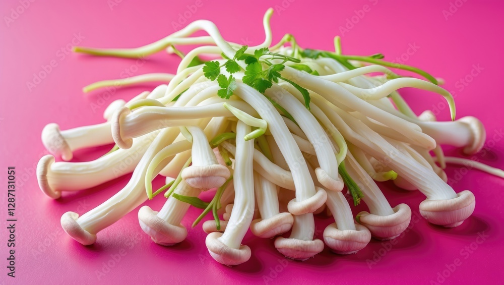 Poster enoki mushrooms arranged on a vibrant pink background showcasing healthy eating and culinary themes 