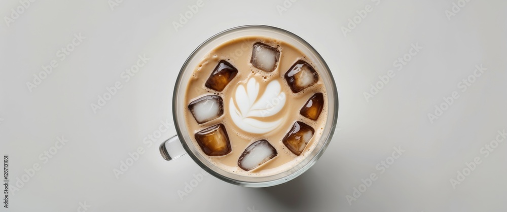 Aufkleber Iced Latte Close-Up from Above with Cream and Ice Cubes on White Background Featuring Copy Space for Text or Branding