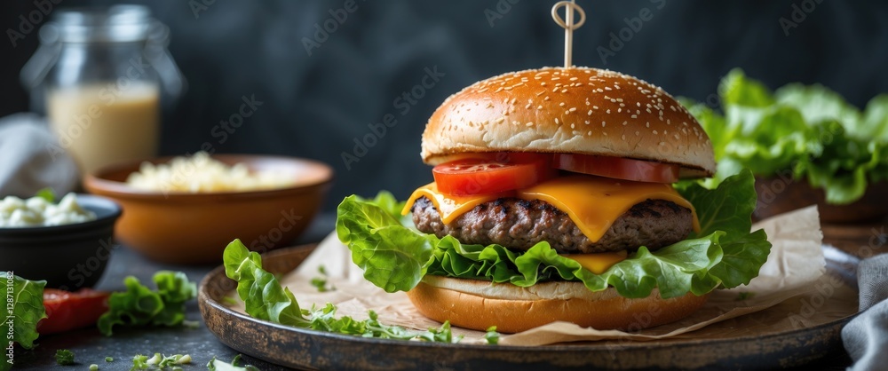 Aufkleber delicious homemade burger with fresh lettuce and cheese on a wooden board with empty space for custo