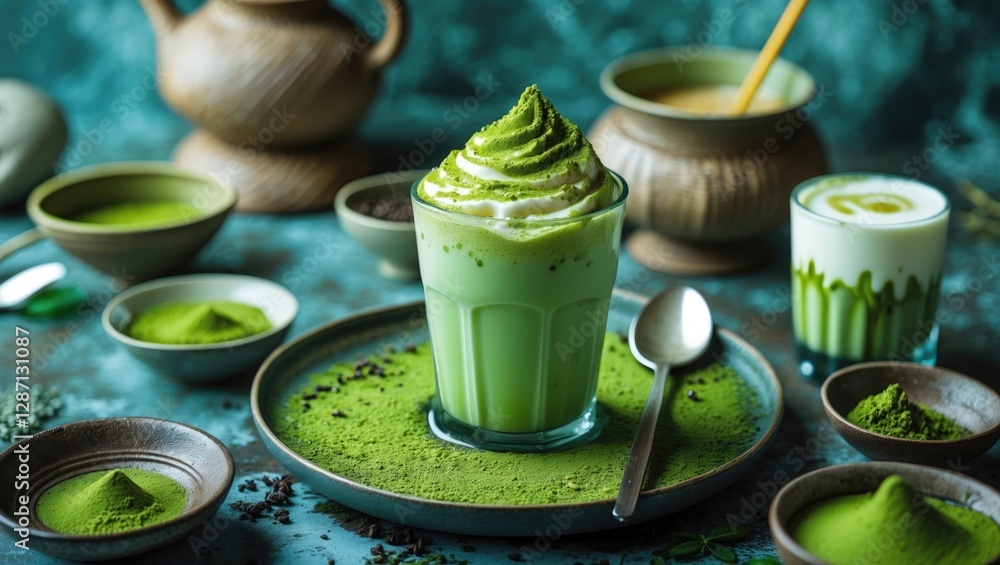 Poster Refreshing Ice Matcha Green Tea Latte with Condensed Milk Surrounded by Matcha Ingredients and Empty Space for Custom Text