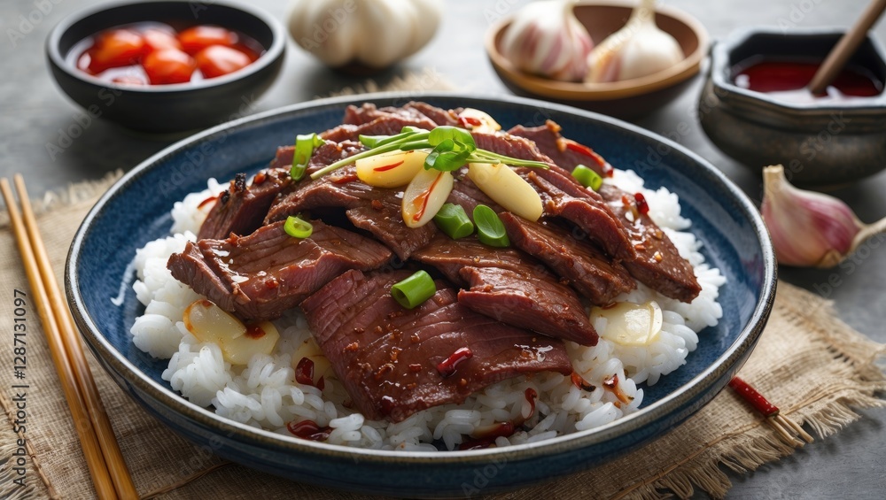Poster korean barbecue beef with garlic served on rice with condiments and empty space for text for culinar