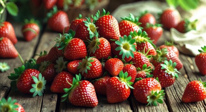 Freshly harvested strawberries stacked on rustic wooden surface highlighting organic produce and summer garden bounty. Eco-friendly diet concept.