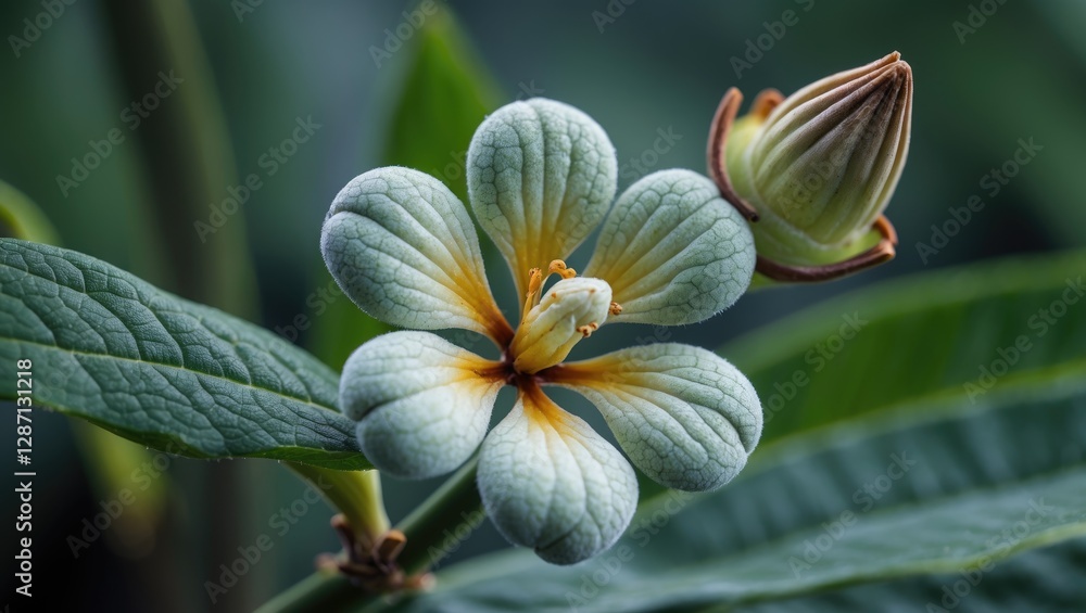 Poster Microscopic view of a blooming Indian clove flower showcasing intricate petal patterns and vibrant colors against lush green leaves