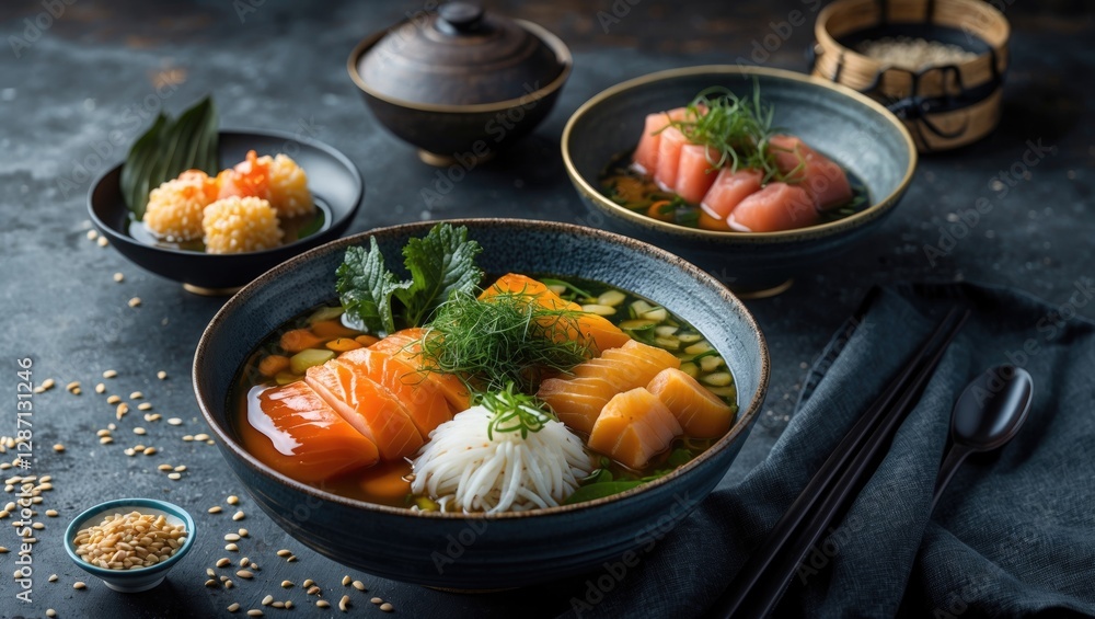 Poster Authentic Japanese Cuisine Photography Featuring Fresh Sashimi and Sushi with Empty Space for Text in a Moody Culinary Setting