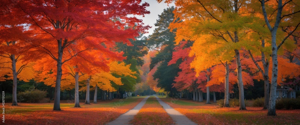 Poster autumn pathway lined with vibrant maple trees showcasing brilliant red and orange foliage in a sceni