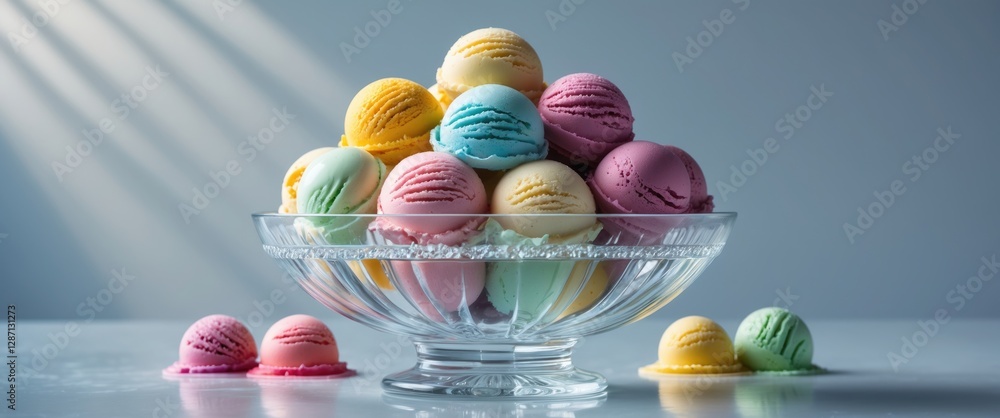 Aufkleber Colorful Ice Cream Scoops in Crystal Bowl with Light Background and Empty Space for Text Display or Promotional Content