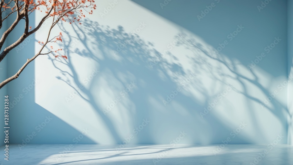 Poster Gentle light blue background with intricate tree shadows creating a serene and minimalist space ideal for product presentation.
