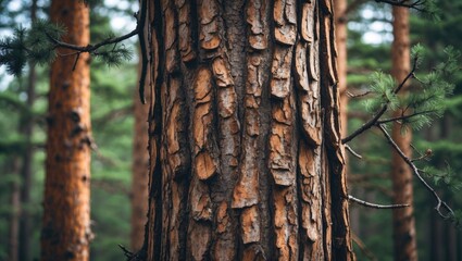 Fototapeta premium Detailed close-up of pine tree bark showcasing textured surface with green needles and dry branches in a lush forest setting.