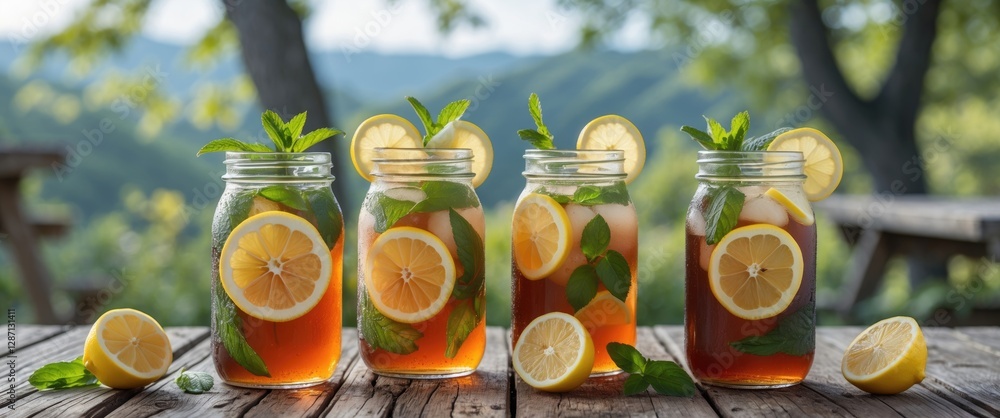 Poster refreshing iced tea in mason jars with lemon slices and mint leaves set outdoors on a wooden table s