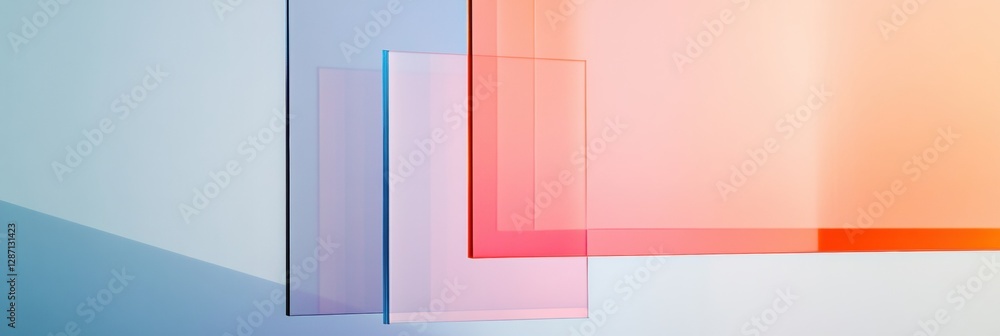 Poster Colorful translucent geometric shapes create a modern artistic composition in a bright setting at midday. Generative AI
