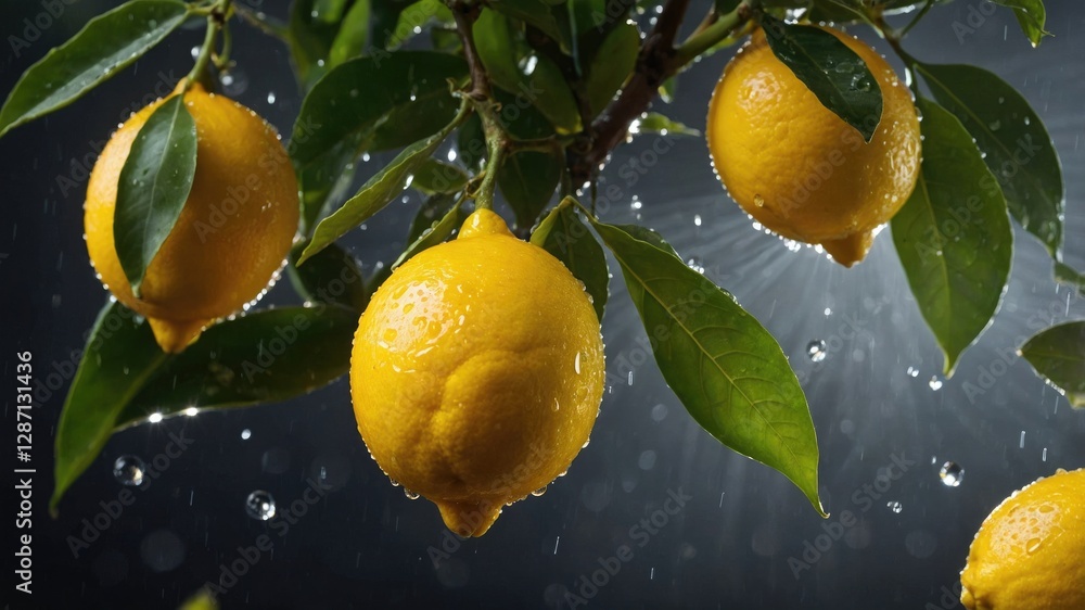 Poster fresh lemons on tree with raindrops and sunlight glimmering through leaves in vibrant natural settin