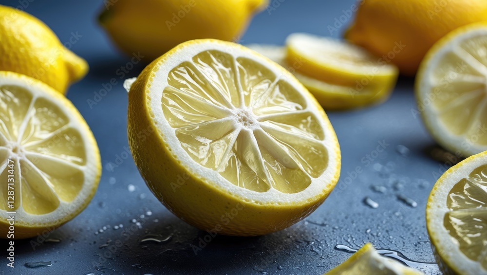 Aufkleber Fresh Juicy Lemon Slices Arranged Artistically on a Dark Surface with Water Droplets and Space for Text Copy in Food Photography Display