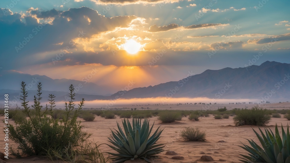 Poster desert sunrise over dasht-e lut with clouds, mountains, and foreground vegetation creating a serene 