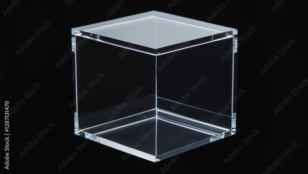 Poster Acrylic cube on a black background showcasing transparency and reflections in a minimalist composition for modern design aesthetics.