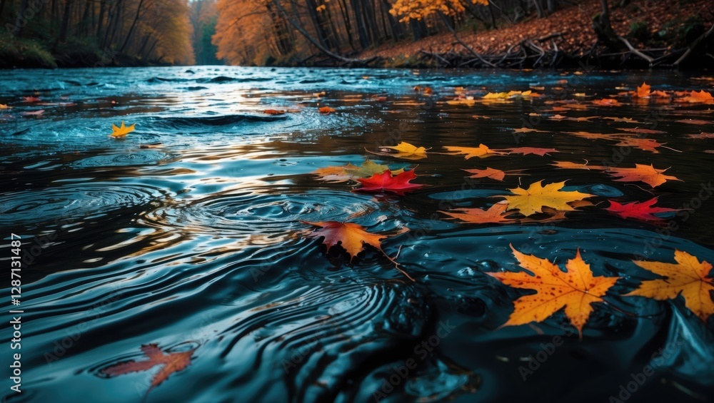Poster dark water surface with ripples and autumn leaves in a serene forest river setting, creating an abst