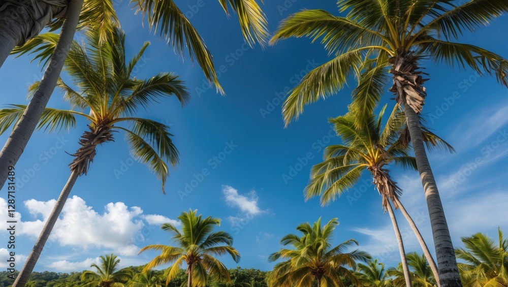 Poster bottle palm trees under clear blue sky with green foliage and empty space for text ideal for tropica
