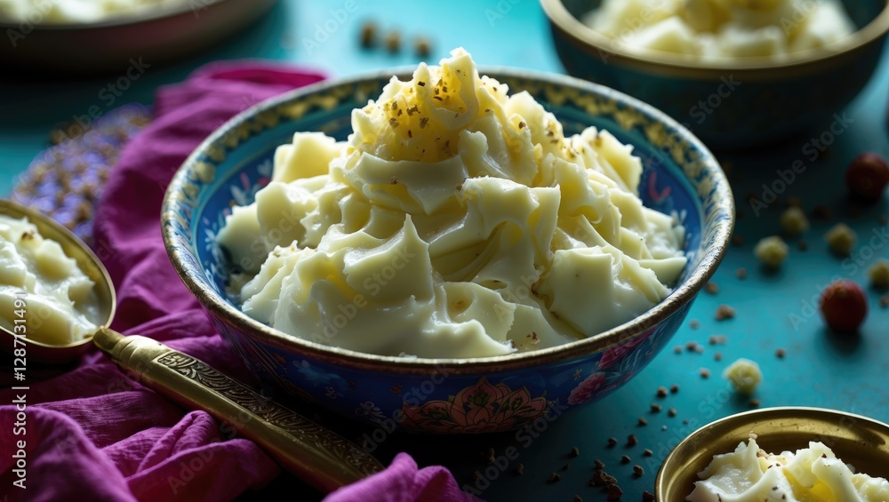 Poster homemade white butter served in an ornate bowl with a vibrant backdrop highlighting its creamy textu