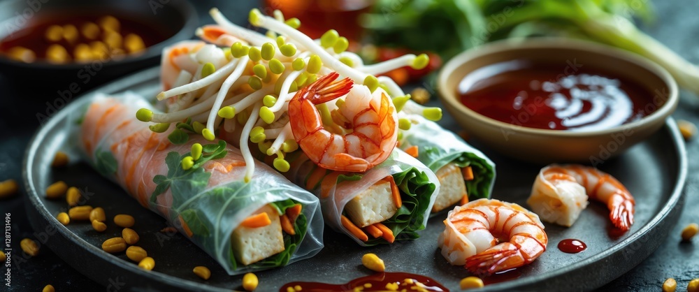 Poster fresh shrimp spring rolls with bean sprouts and tofu served with sweet sauce on a dark plate, showca