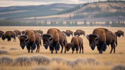 Bison Herd Grazing on Golden Grasslands with Newborn Calves Under Soft Natural Light in the Wilderness Landscape