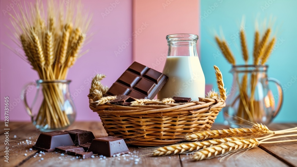 Poster milk and chocolate in a basket surrounded by wheat on a wooden table with pastel background and empt