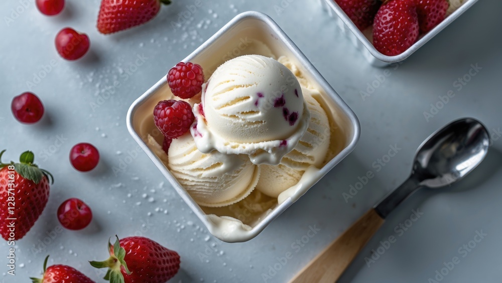 Poster Delicious Ice Cream Scoops in Square Cup Surrounded by Fresh Berries and Empty Space for Text Above on Light Gray Background
