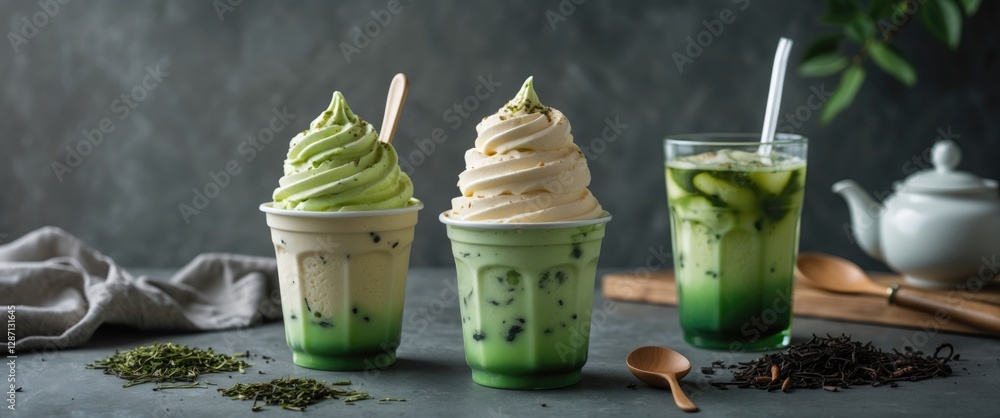 Poster Green Tea Ice Cream Varieties on Table with Empty Space for Text and Decor Elements