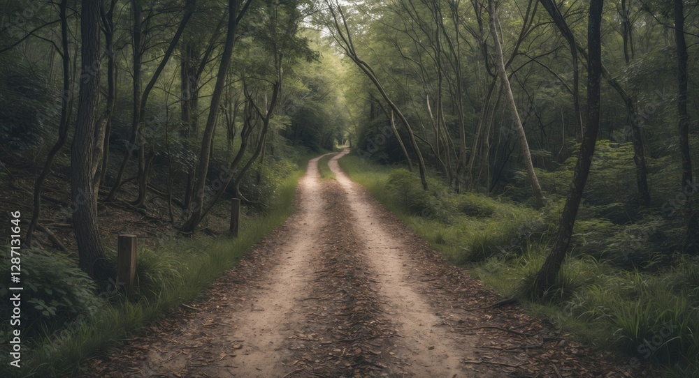 Aufkleber Serene Nature Trail with Winding Dirt Path Through Lush Forest and Ample Space for Text or Messaging