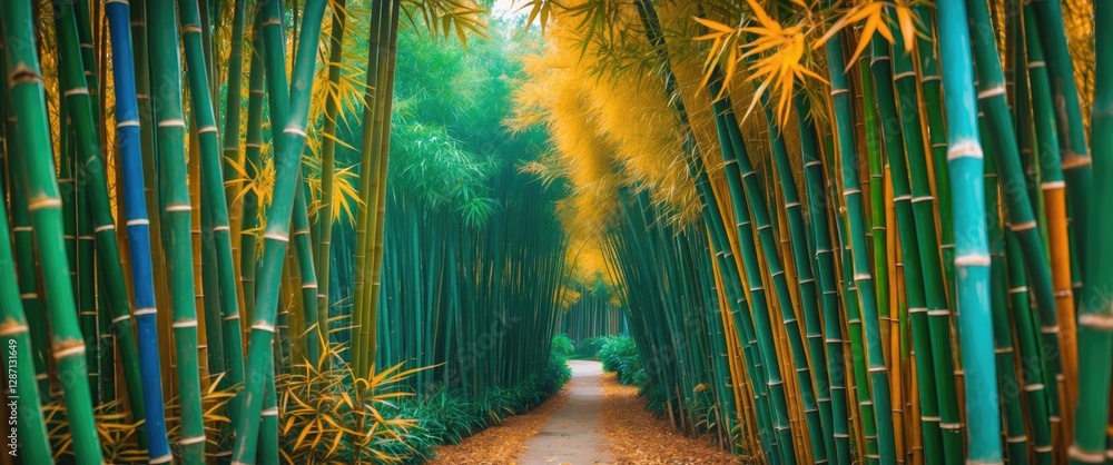 Poster lush green and golden bamboo pathway creating a serene atmosphere ideal for landscaping and privacy 