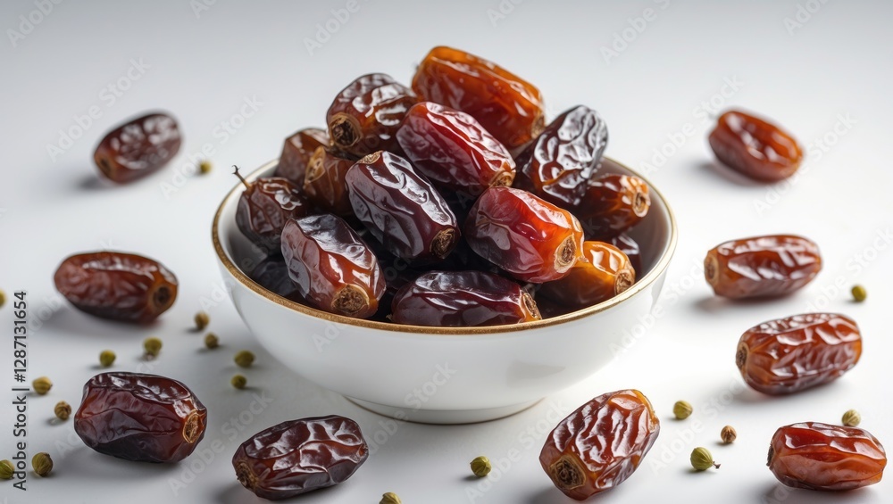 Aufkleber Freshly harvested dried dates displayed in a bowl with scattered dates on a white background emphasizing their rich color and texture.