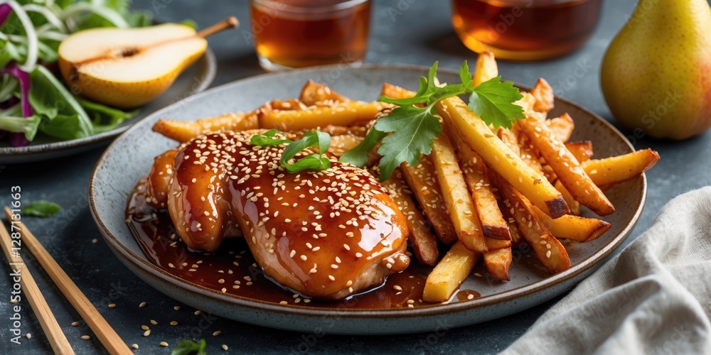 Poster Honey Soy Glazed Chicken with Sesame Fries and Pear Salad on a Rustic Plate with Empty Space for Text and Fresh Ingredients
