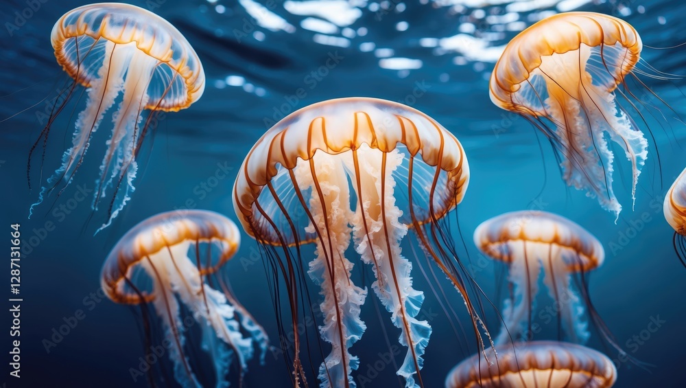 Aufkleber Graceful jellyfish swimming in clear blue waters with ample empty space for text overlay and design elements.