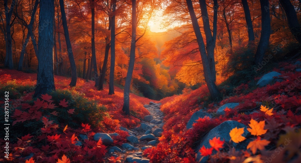 Poster autumn hiking trail illuminated by soft sunlight with vibrant fall foliage and rocky path through a 