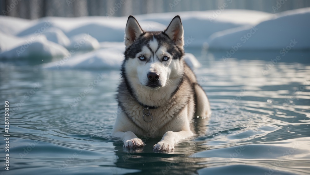 Aufkleber husky dog relaxing on water surrounded by icebergs in a serene arctic environment