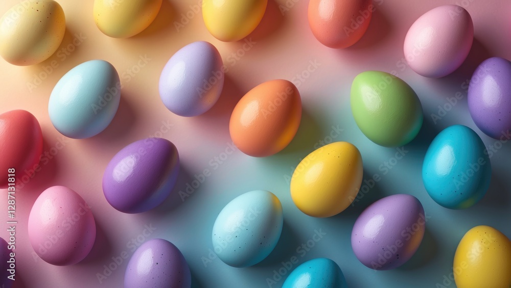 Poster colorful gradient easter egg pattern in a close-up view, featuring a variety of decorated eggs, idea
