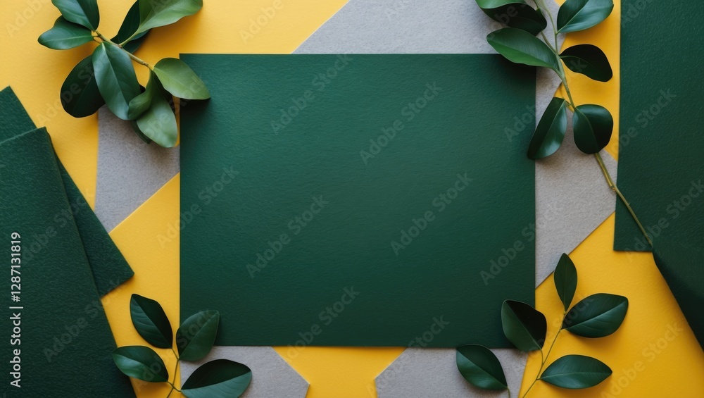Poster craft paper texture with dark green square surrounded by yellow and gray shapes, decorated with leav
