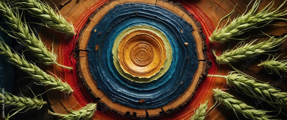Poster hemp texture surrounded by vibrant tree rings highlighting nature's beauty and intricate patterns in