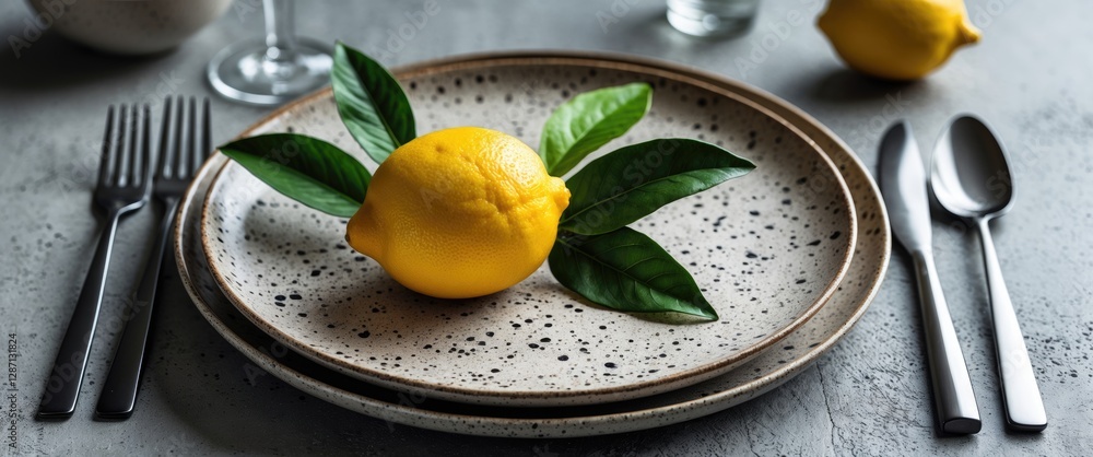 Poster Minimalist table setting featuring a fresh lemon with green leaves on speckled ceramic plates complemented by elegant cutlery and glassware.