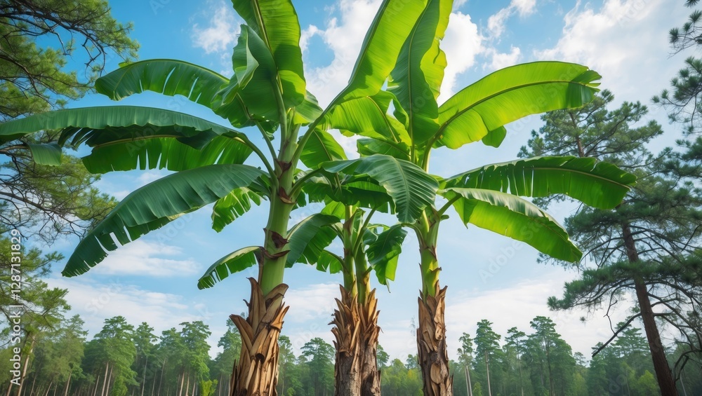 Poster banana trees with lush green leaves against a backdrop of pine trees and a bright blue sky creating 