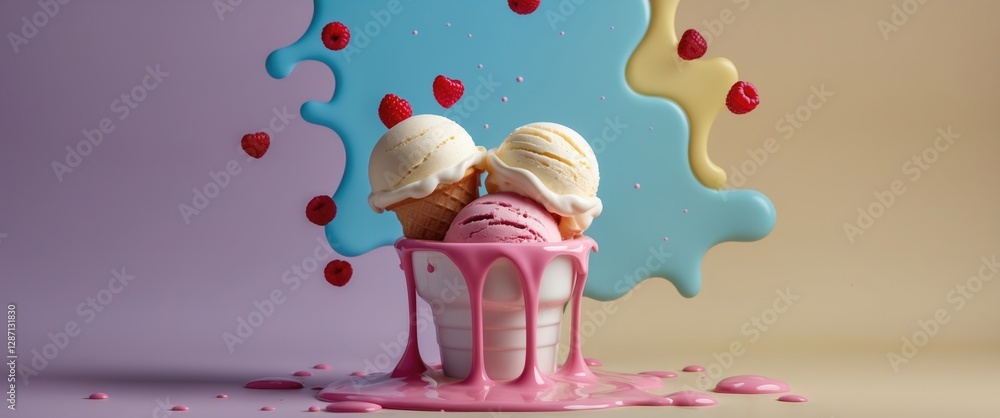 Aufkleber Melting Ice Cream with Colorful Background and Empty Space for Creative Text or Marketing Messages