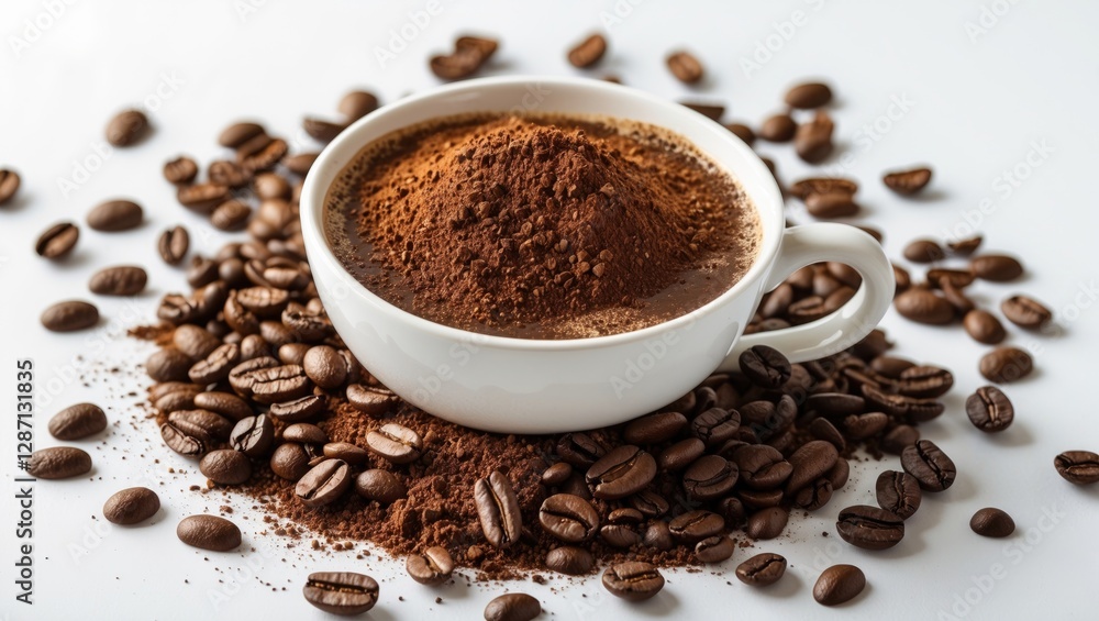 Poster instant coffee and coffee beans scattered around a white cup against a clean white background creati