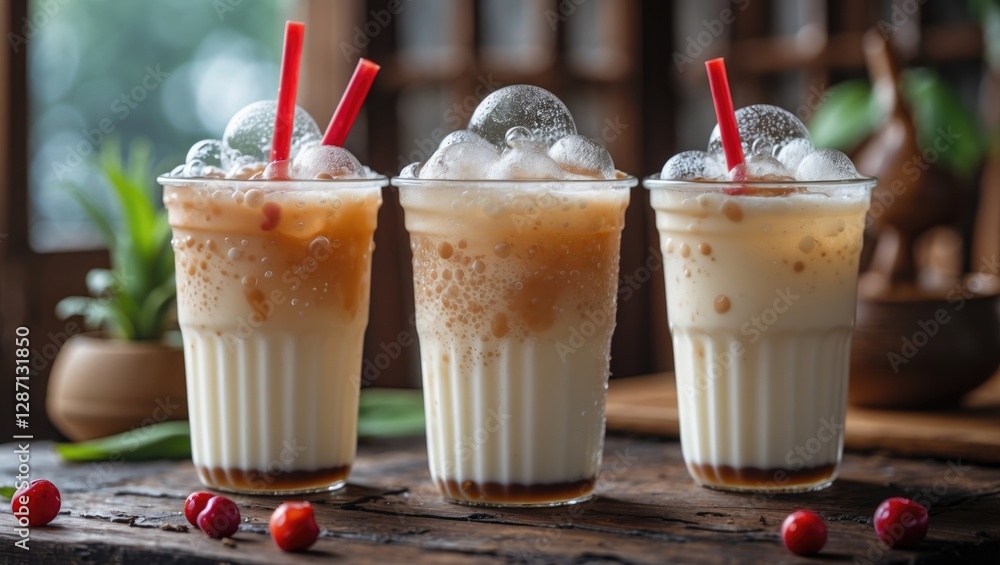 Aufkleber Refreshing Iced Thai Milk Tea with Tapioca Pearls and Bubbles on Rustic Table with Empty Space for Text or Advertising Campaigns