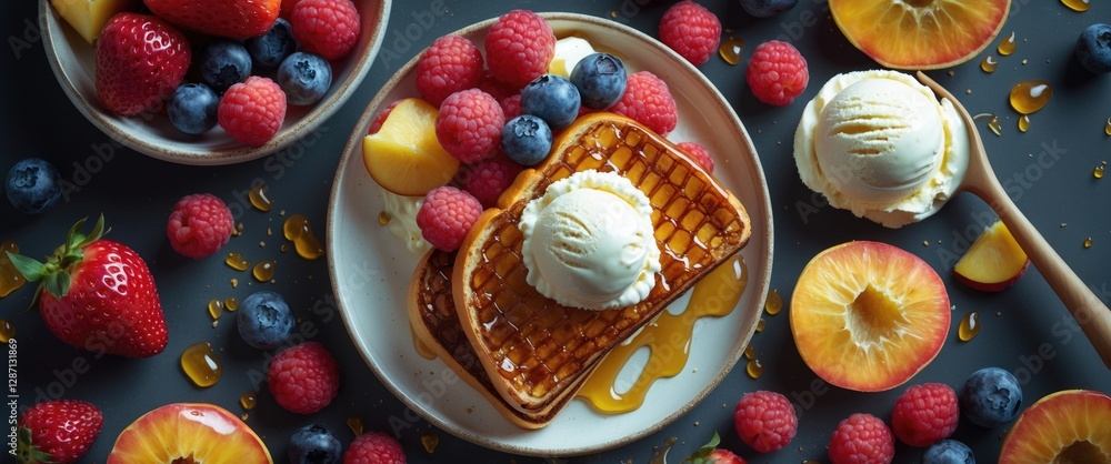 Poster Delicious Honey Toast with Ice Cream and Fresh Mixed Fruits on Dark Background with Empty Space for Creative Text and Marketing Use