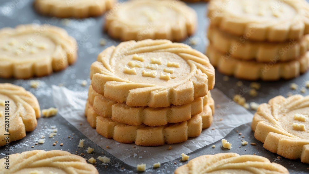 Poster delicious homemade butter cookies arranged in stacks on a dark surface, ideal for baking or dessert-